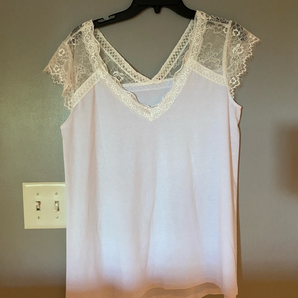 Size large white tank top with lace trim neck and shoulders